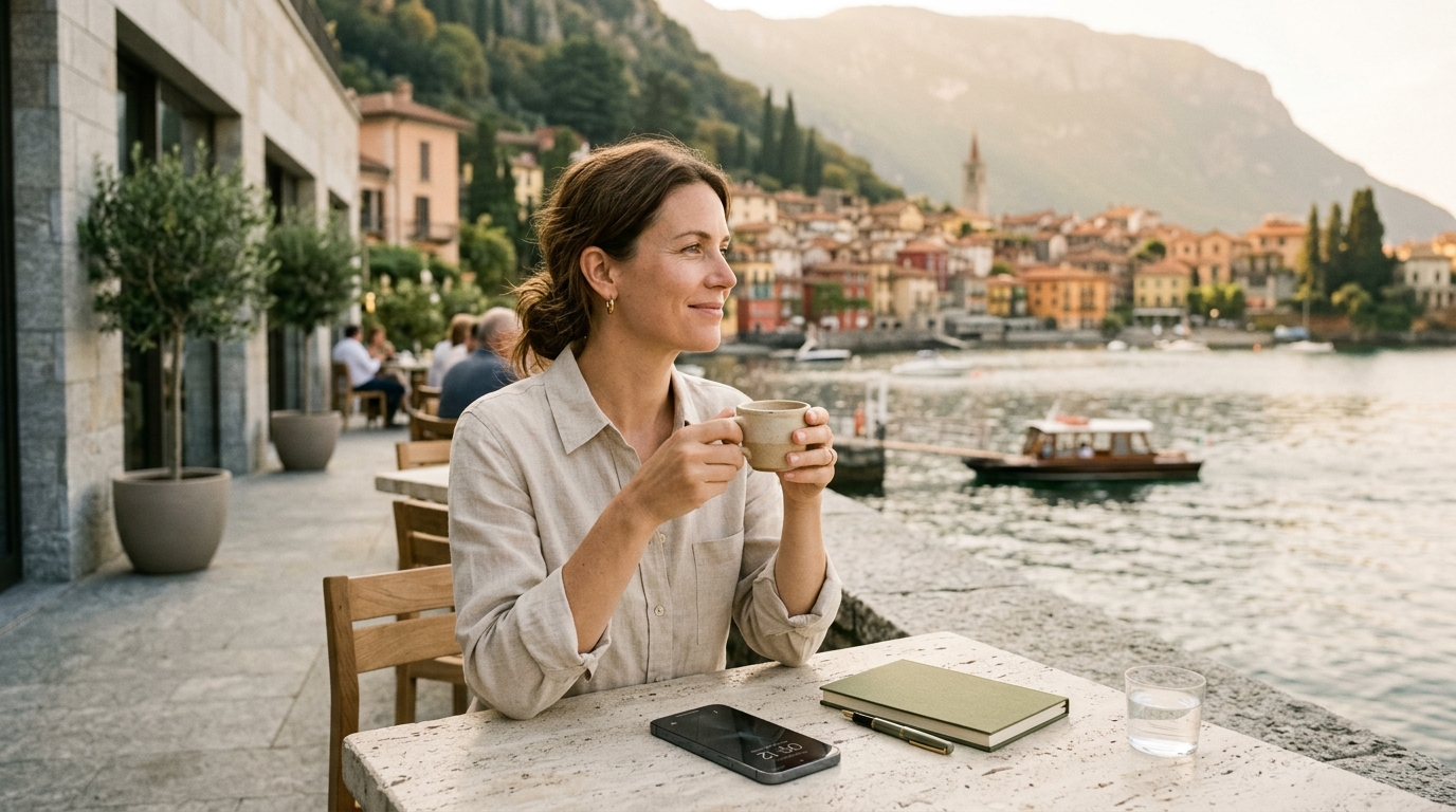 Business owner enjoying free time outdoors at a café while Nuncio handles dozens of incoming customer chats